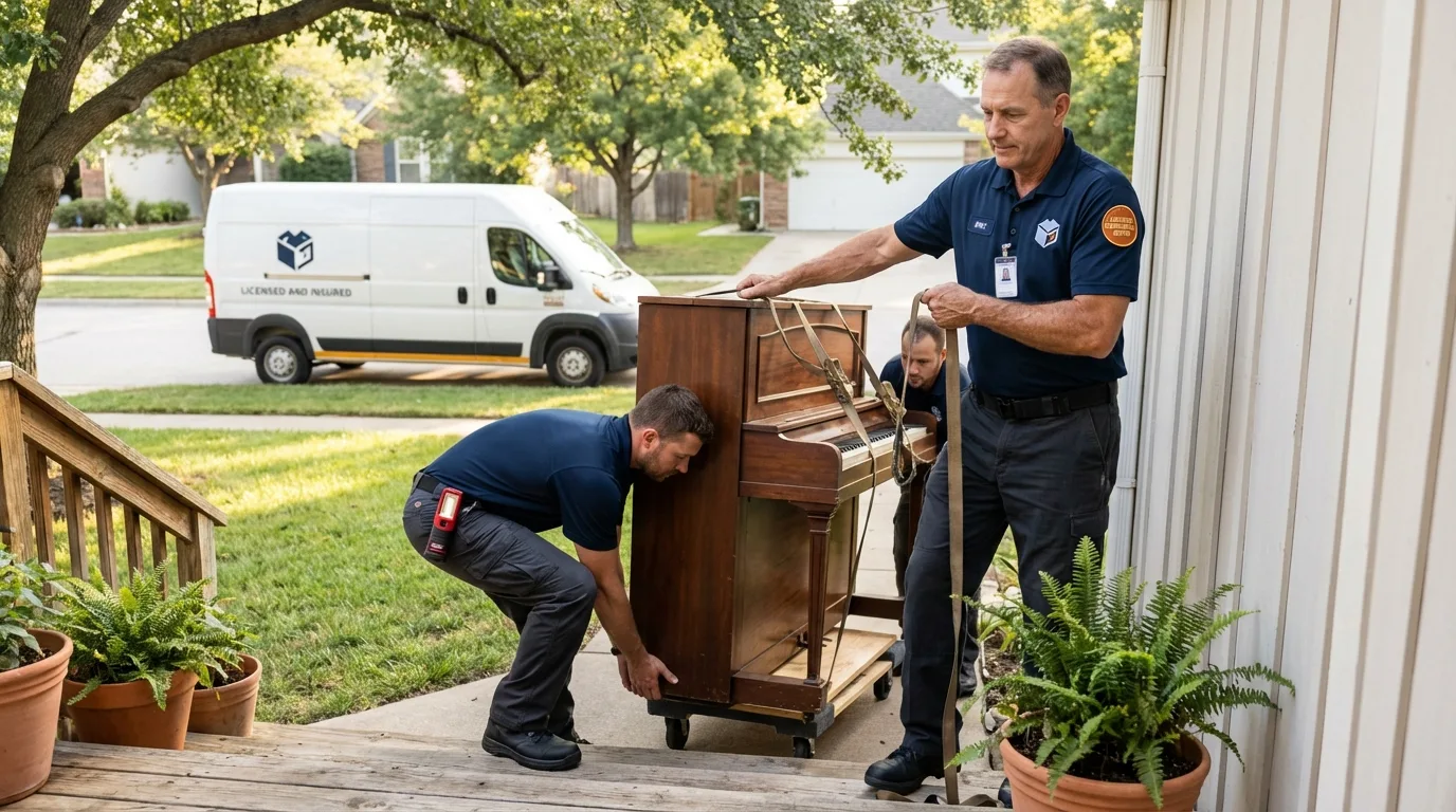 Licensed piano movers securing grand piano in Cambridge, MA