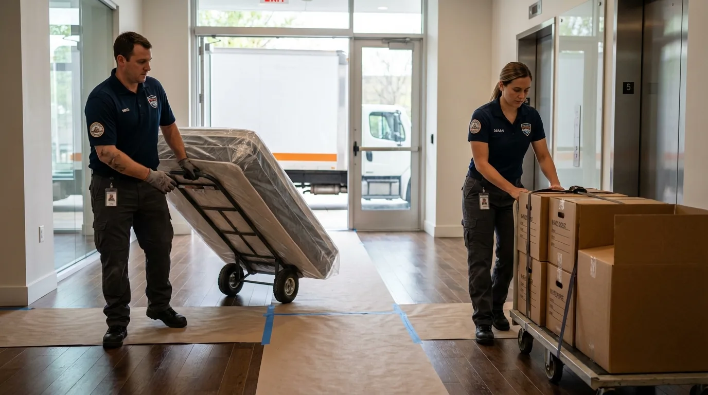 Professional apartment movers loading elevator in Cambridge, MA