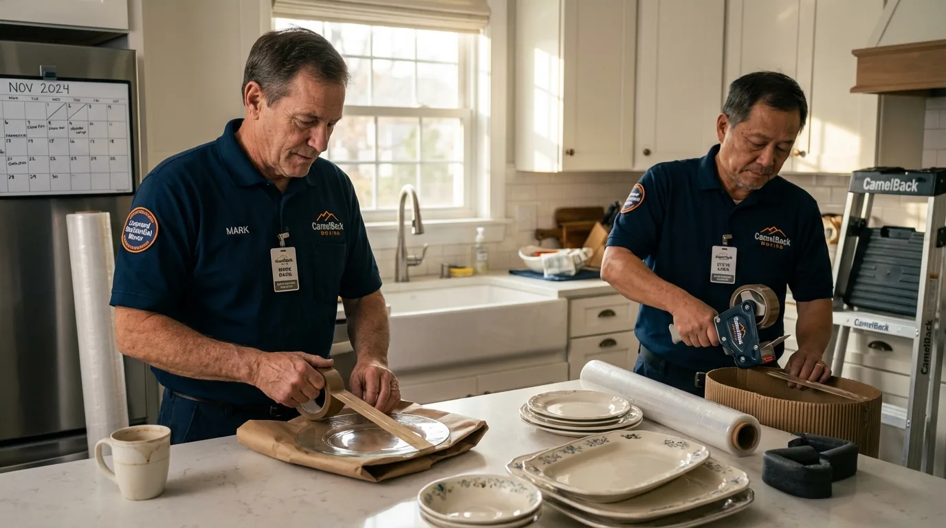 Professional crew packing kitchen dishware in Cambridge, MA